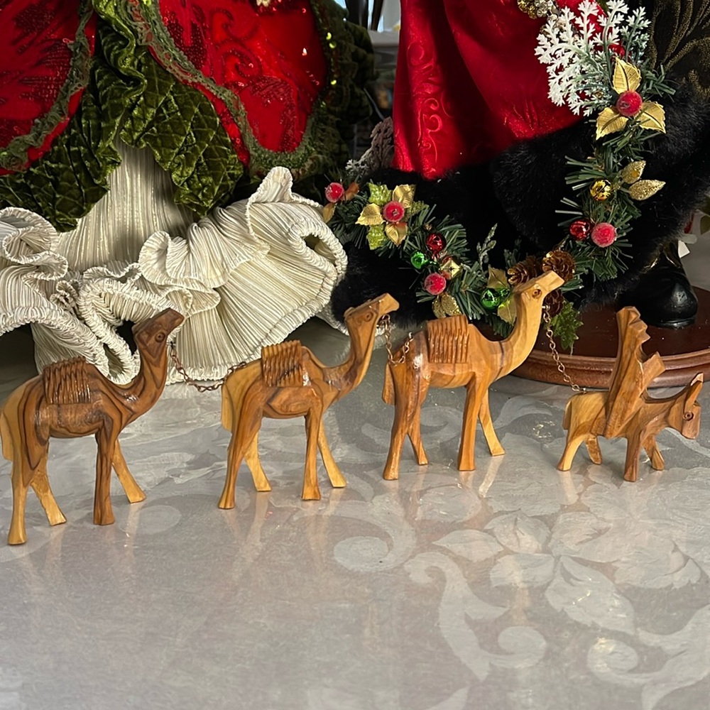 Vintage Donkey & Camel Train Figurines Hand Carved Olive Wood Jerusalem Caravan